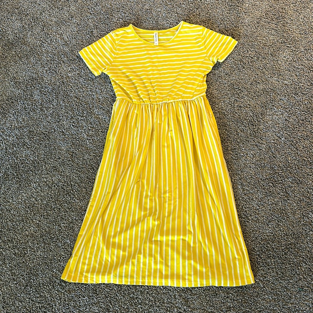 Tickled Teal Yellow and White Striped Tee Shirt Dress Size Medium